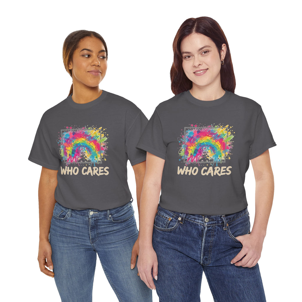 Who Cares Rainbow Tee — Colorful Grunge Graphic T-Shirt