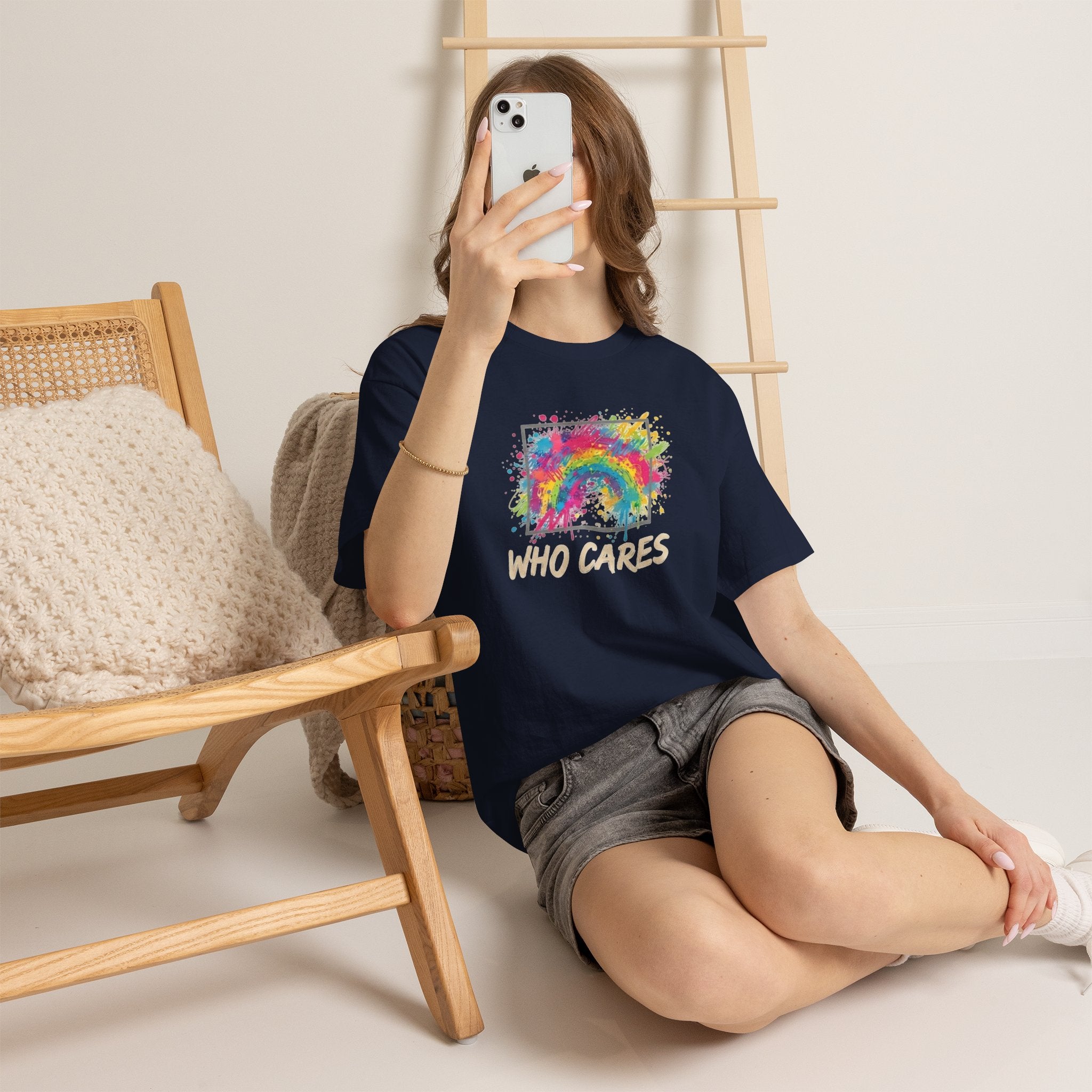 Who Cares Rainbow Tee — Colorful Grunge Graphic T-Shirt