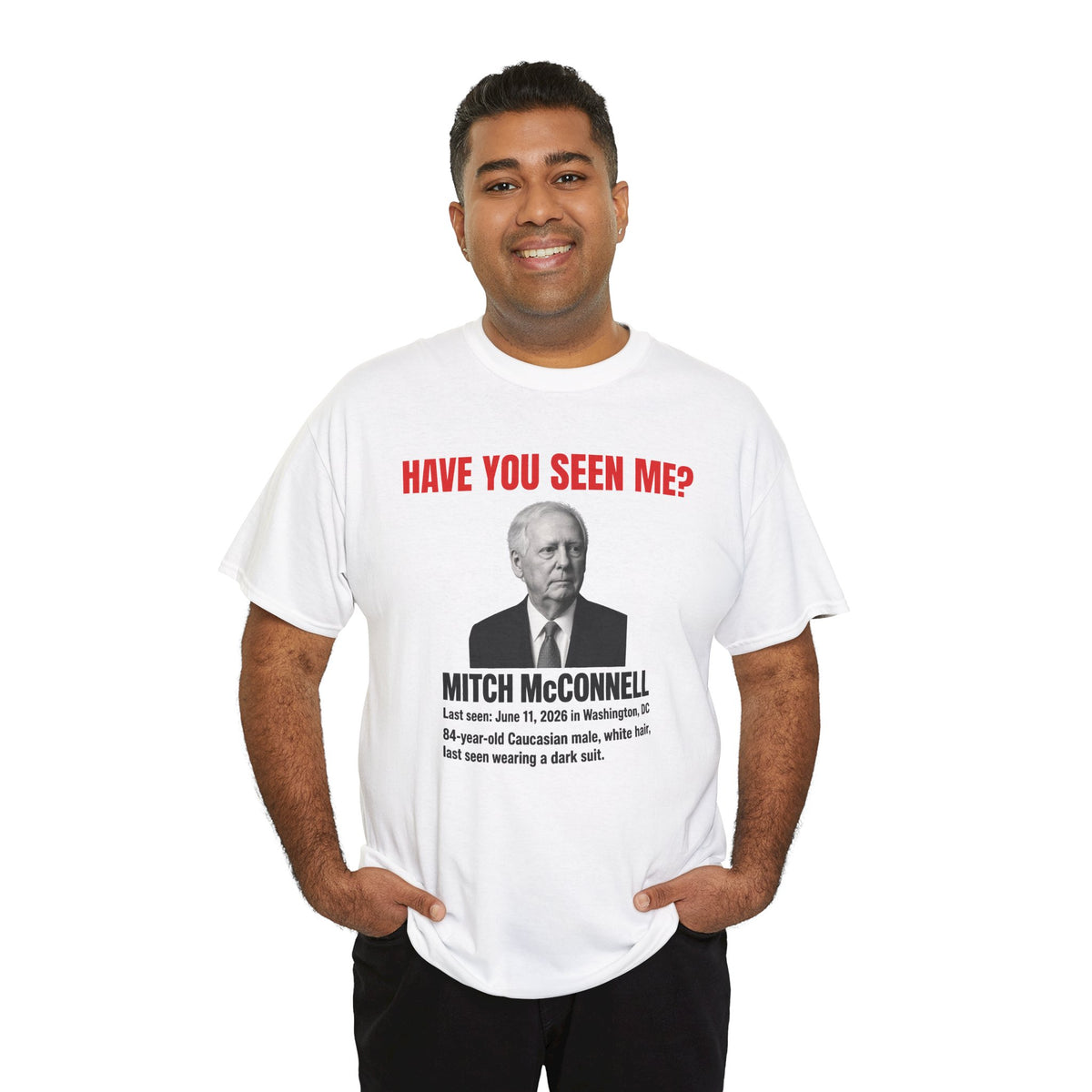 Have You Seen Me? Missing Person Graphic Tee — Mitch McConnell Satirical T‑Shirt