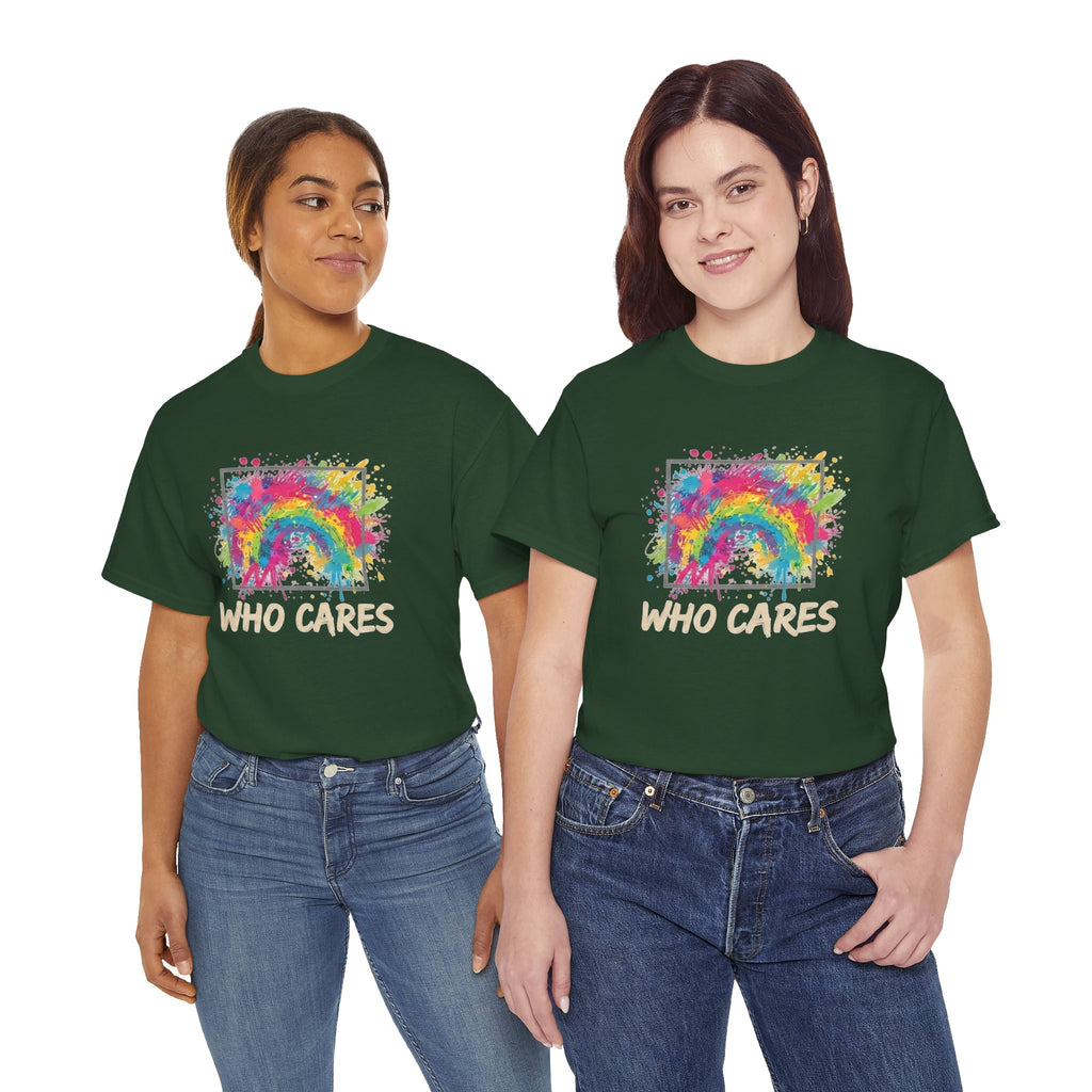 Who Cares Rainbow Tee — Colorful Grunge Graphic T-Shirt