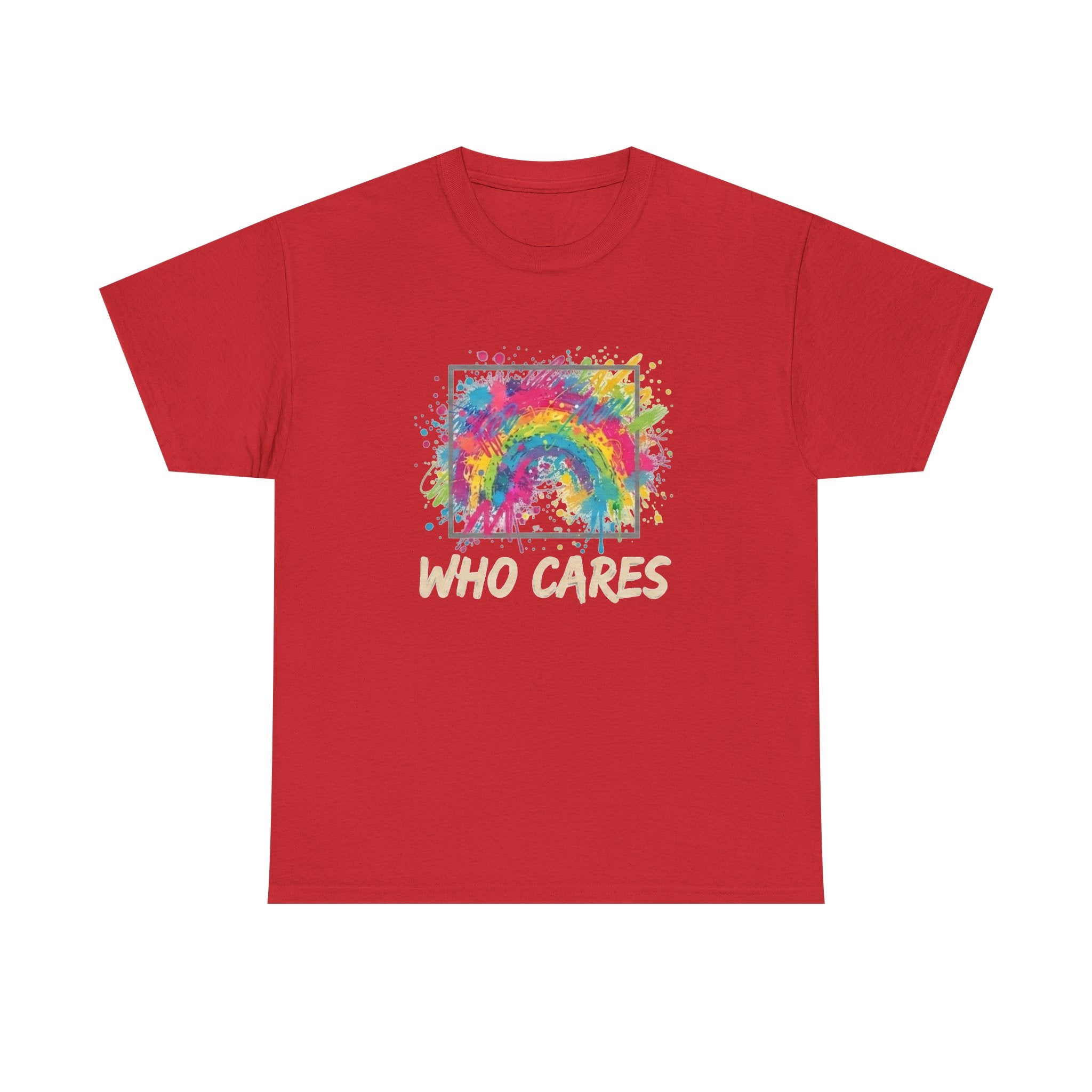 Who Cares Rainbow Tee — Colorful Grunge Graphic T-Shirt