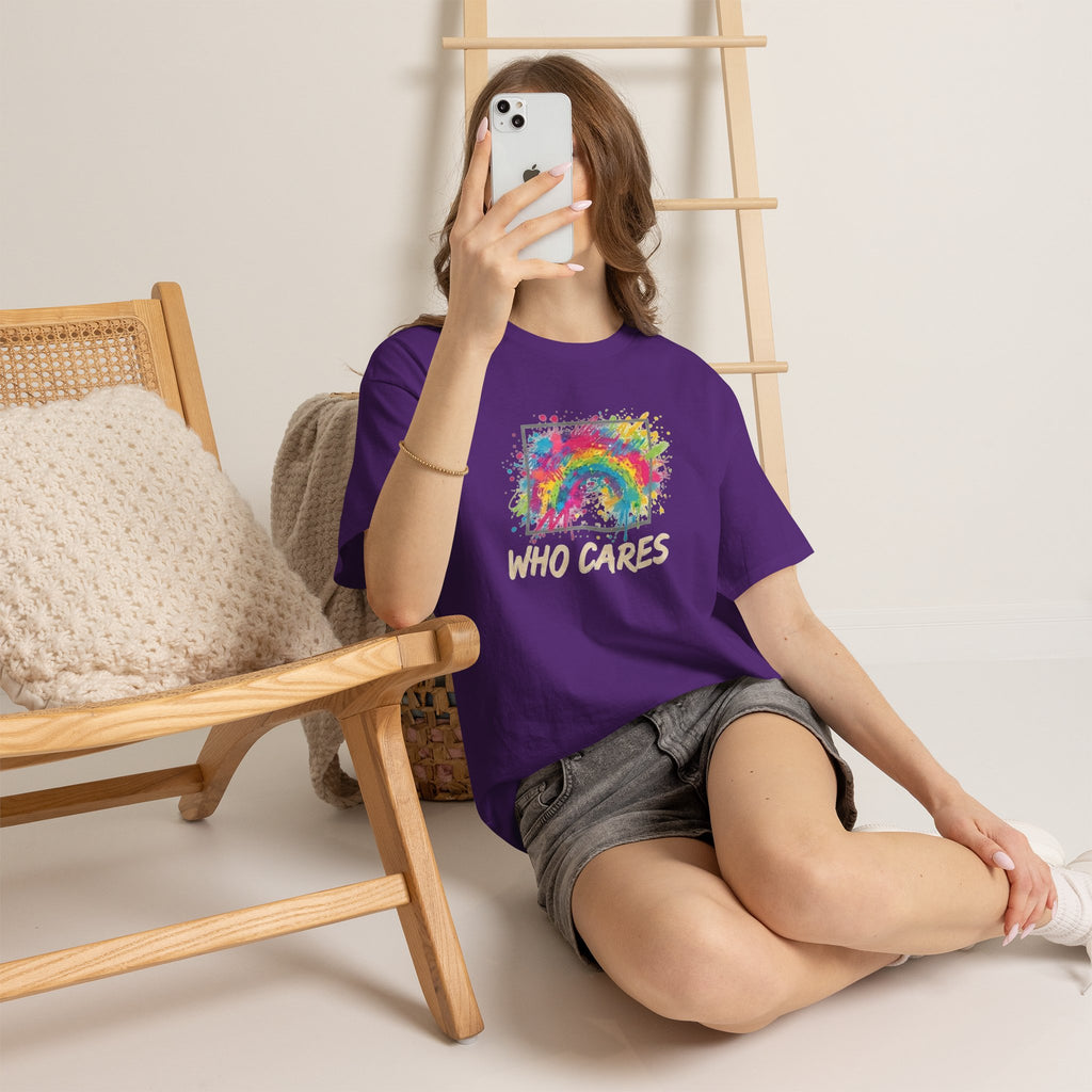 Who Cares Rainbow Tee — Colorful Grunge Graphic T-Shirt