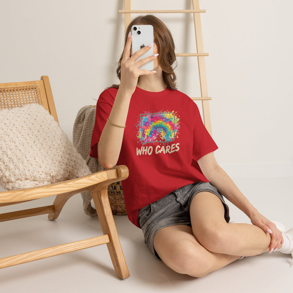 Who Cares Rainbow Tee — Colorful Grunge Graphic T-Shirt