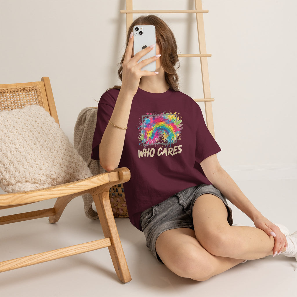 Who Cares Rainbow Tee — Colorful Grunge Graphic T-Shirt