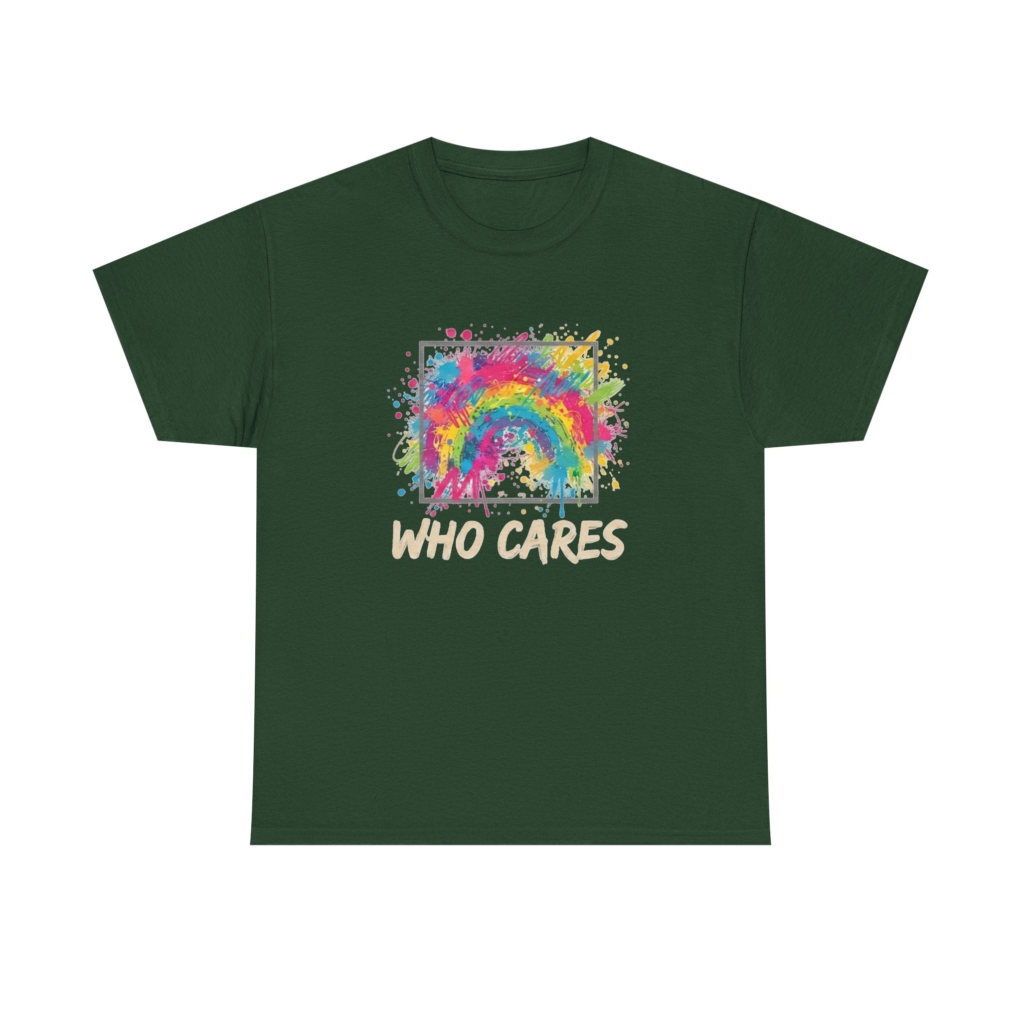 Who Cares Rainbow Tee — Colorful Grunge Graphic T-Shirt