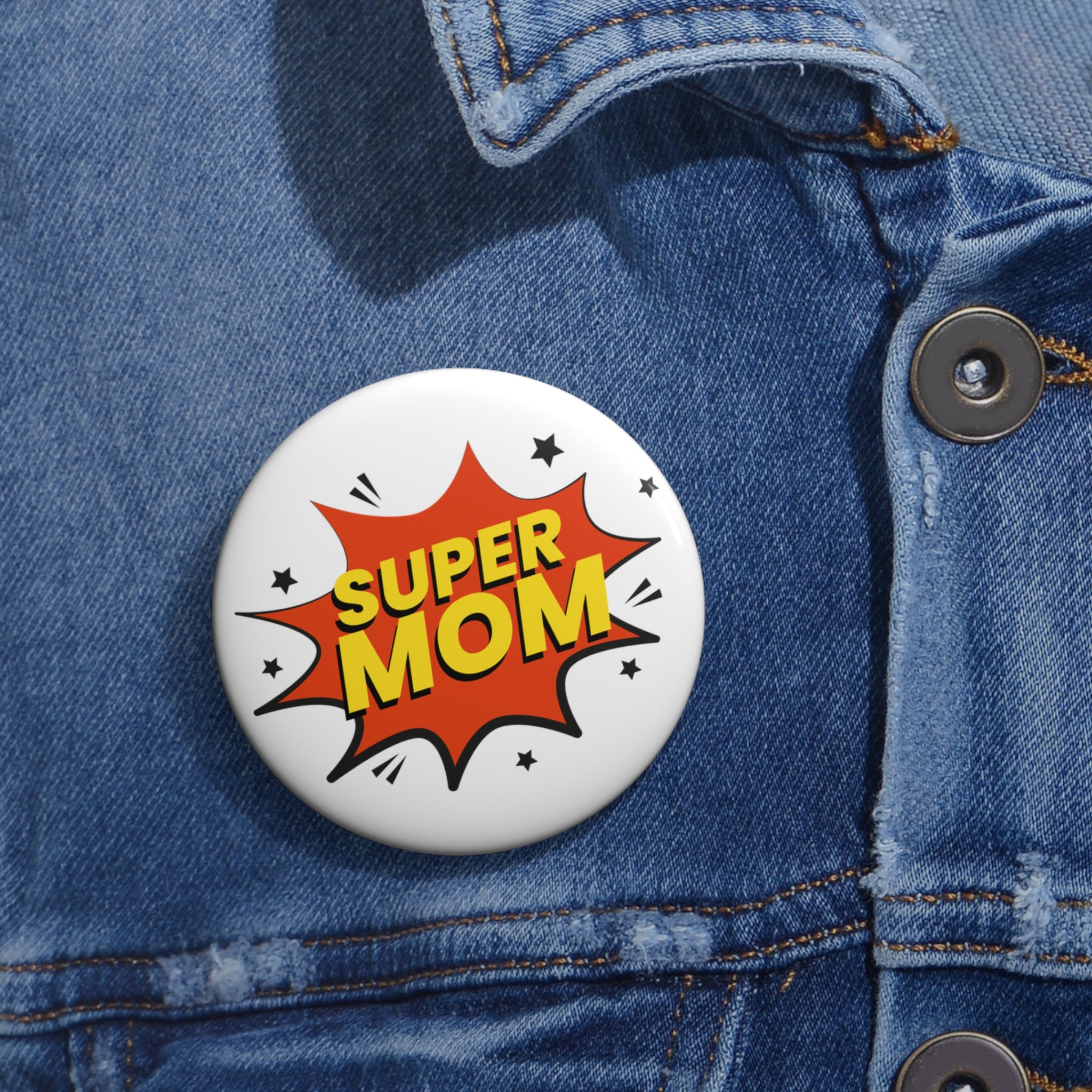 Super Mom Pin Button — Retro Comic Badge for Mother's Day & Gifts
