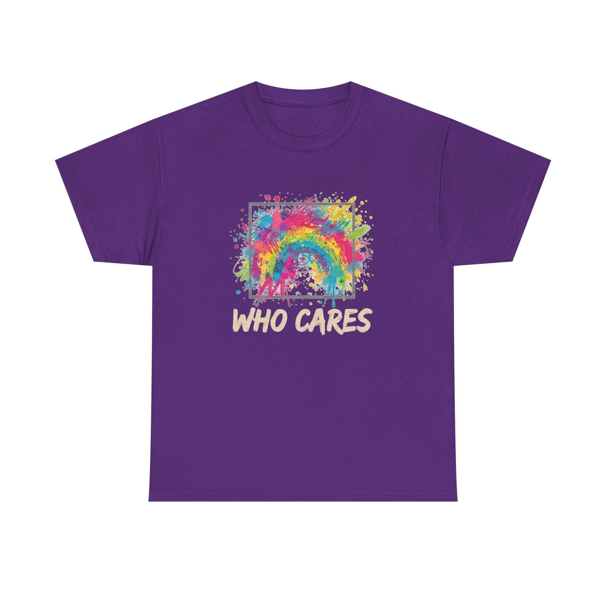 Who Cares Rainbow Tee — Colorful Grunge Graphic T-Shirt