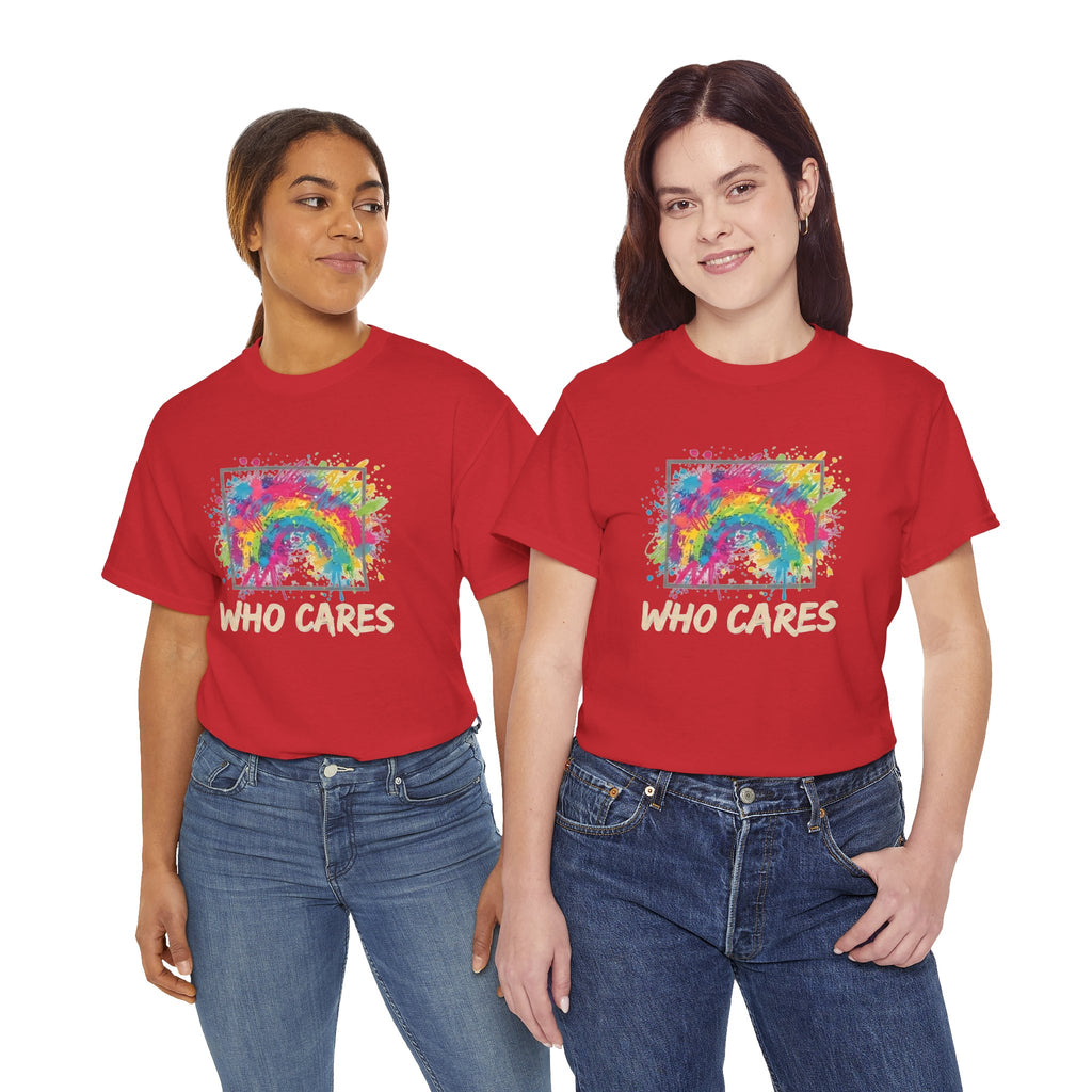 Who Cares Rainbow Tee — Colorful Grunge Graphic T-Shirt