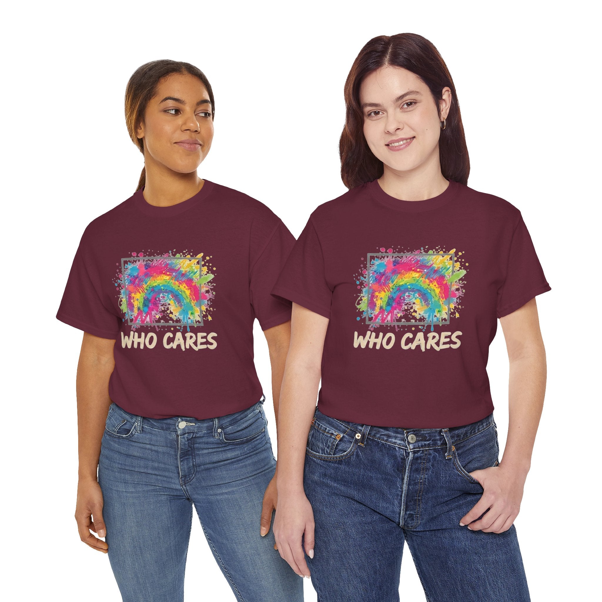 Who Cares Rainbow Tee — Colorful Grunge Graphic T-Shirt
