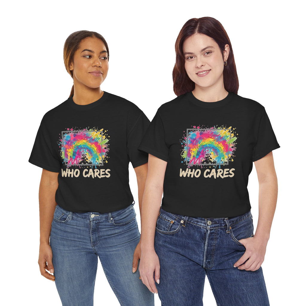 Who Cares Rainbow Tee — Colorful Grunge Graphic T-Shirt