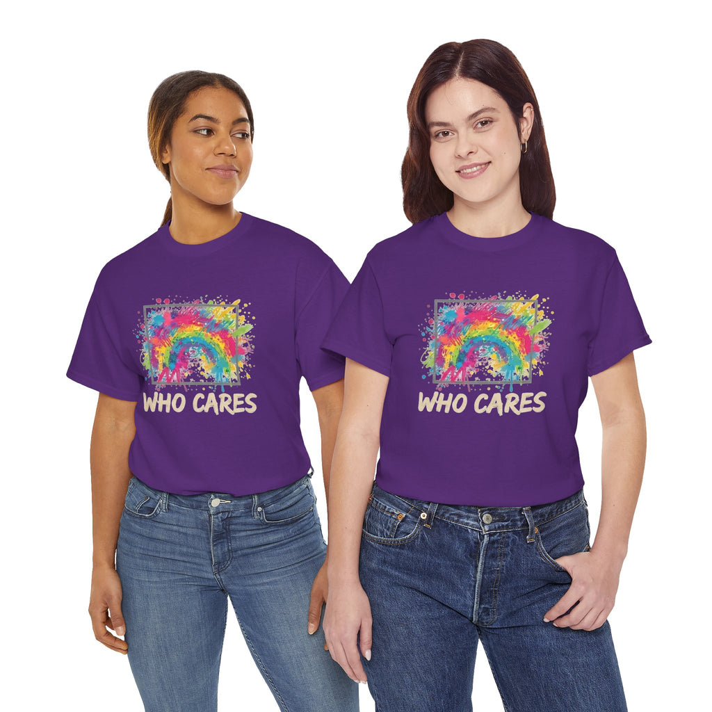 Who Cares Rainbow Tee — Colorful Grunge Graphic T-Shirt