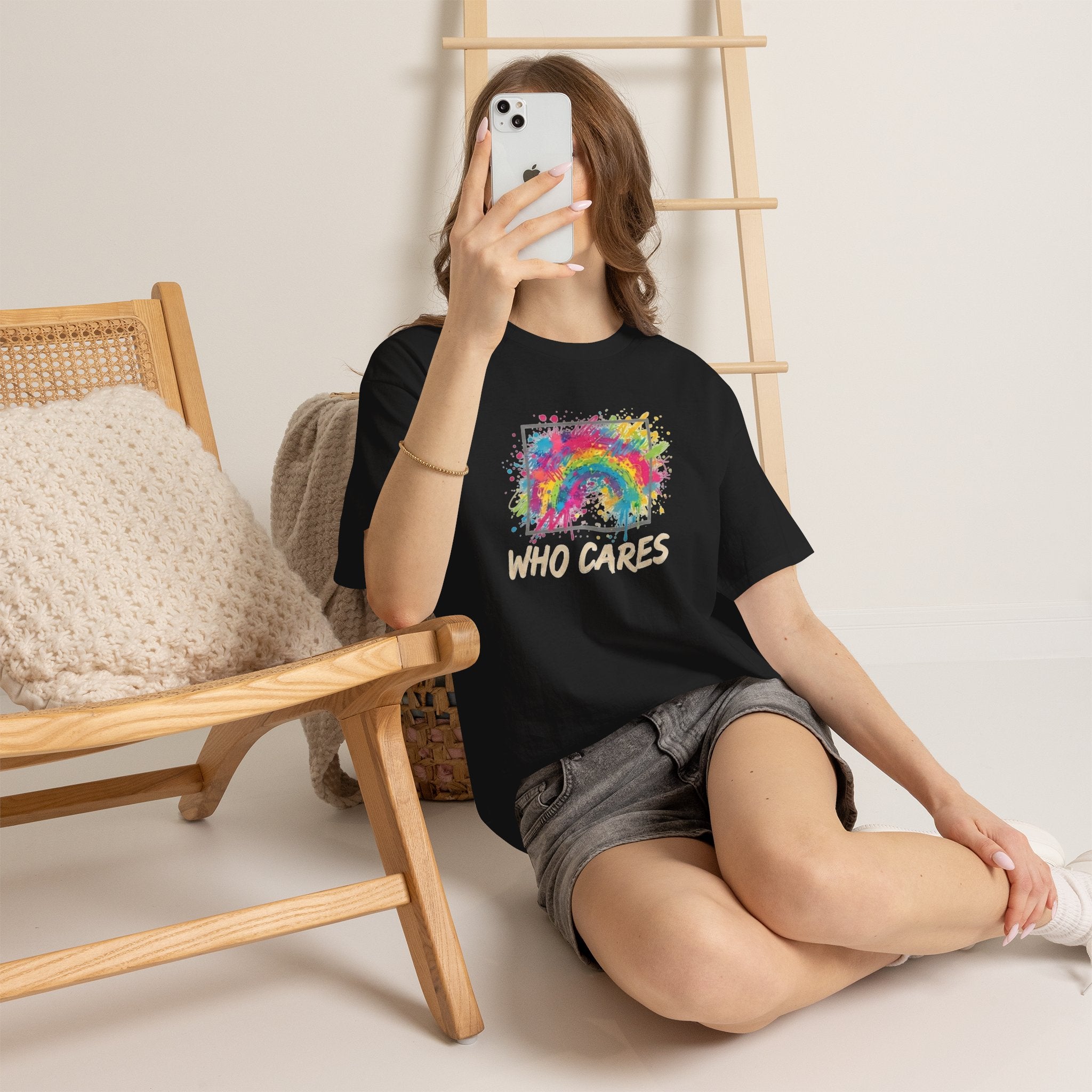Who Cares Rainbow Tee — Colorful Grunge Graphic T-Shirt