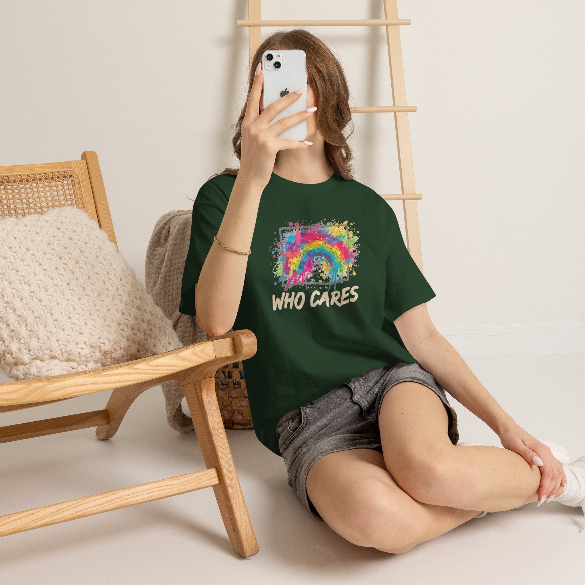 Who Cares Rainbow Tee — Colorful Grunge Graphic T-Shirt