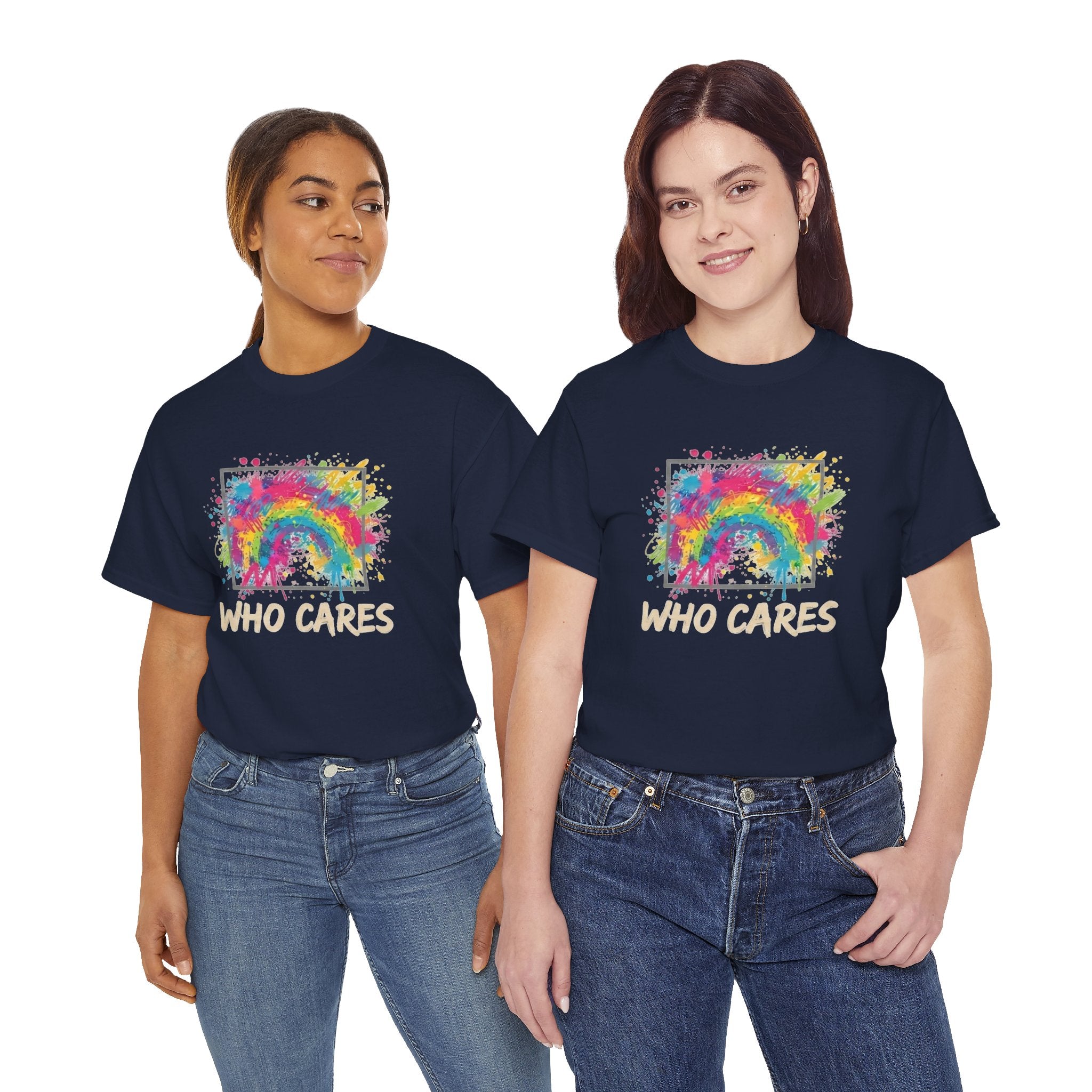 Who Cares Rainbow Tee — Colorful Grunge Graphic T-Shirt