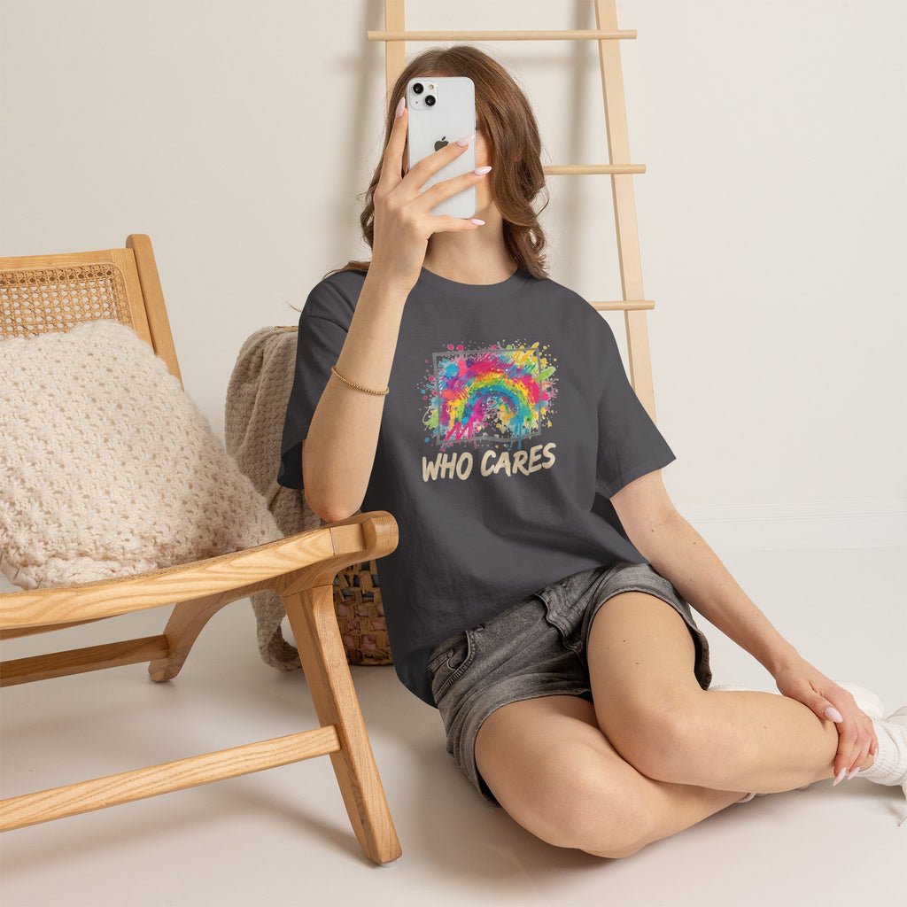 Who Cares Rainbow Tee — Colorful Grunge Graphic T-Shirt