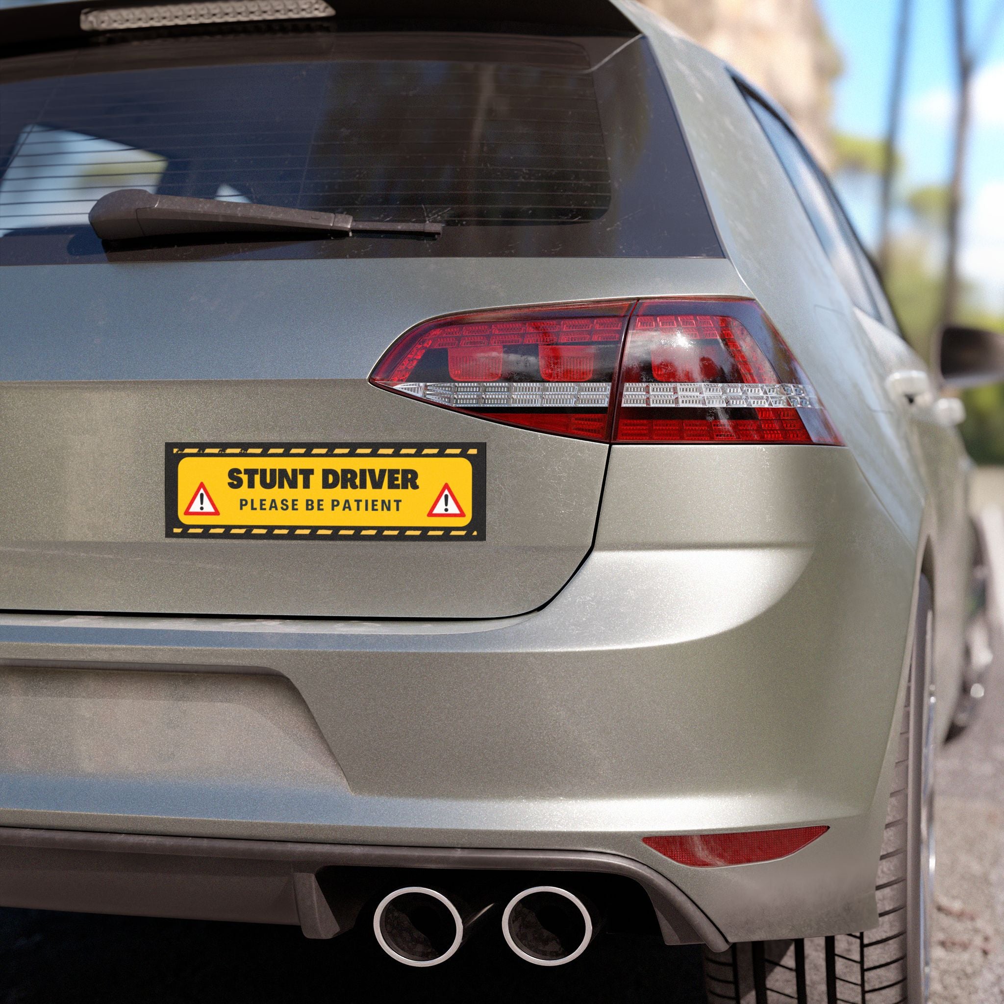 Stunt Driver Car Magnet — Funny Yellow Road Safety Sticker (“Please Be Patient”)