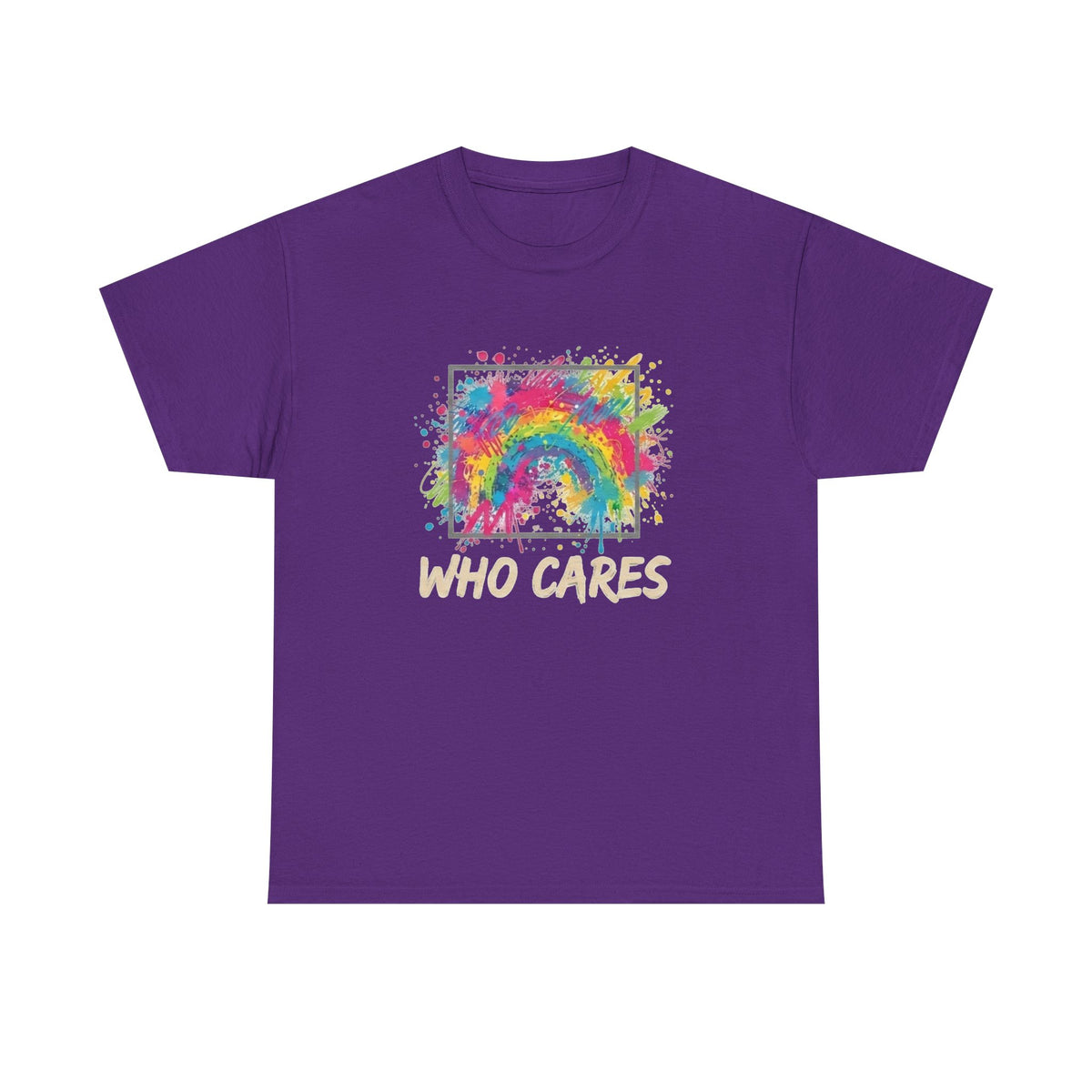 Who Cares Rainbow Tee — Colorful Grunge Graphic T-Shirt