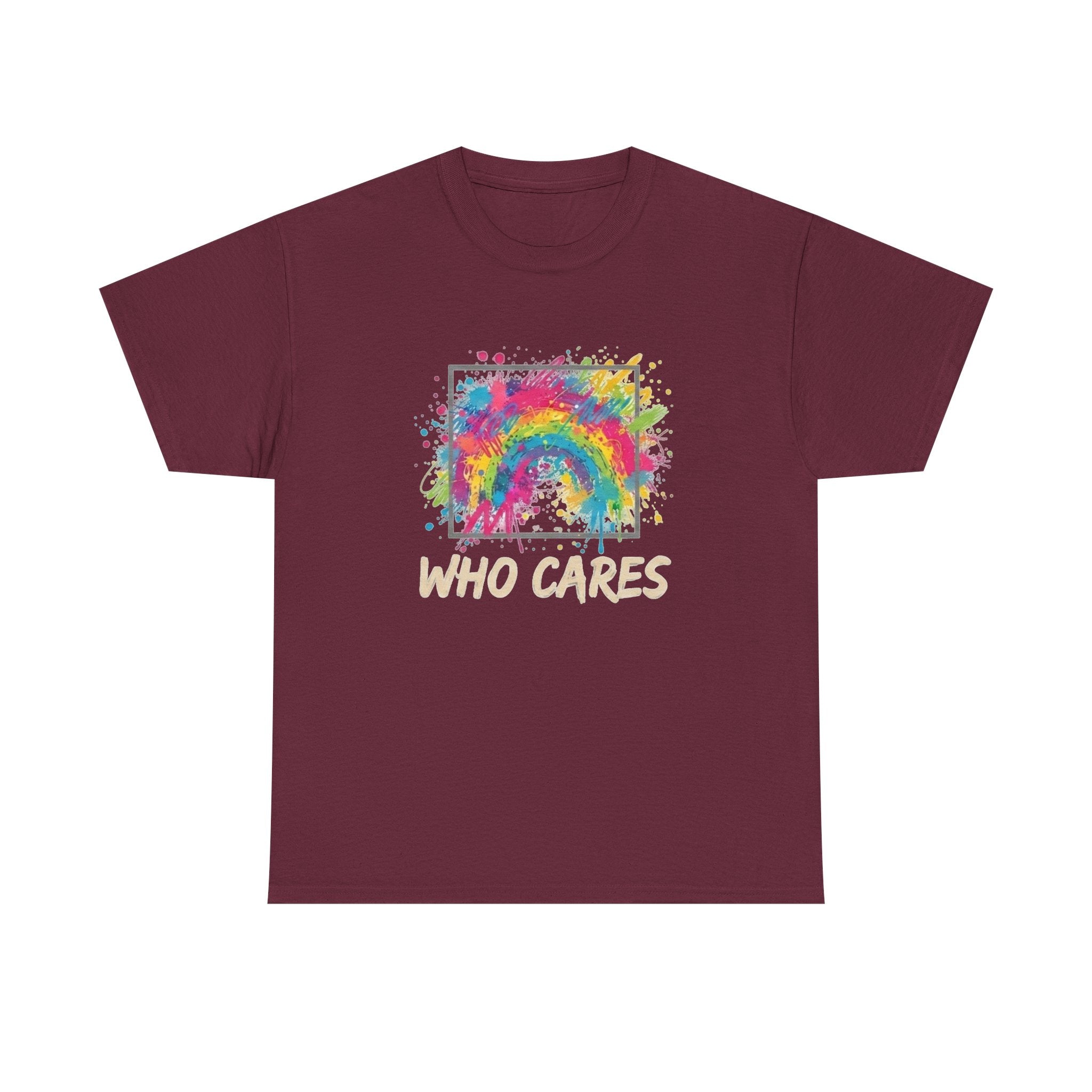 Who Cares Rainbow Tee — Colorful Grunge Graphic T-Shirt