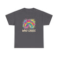 Who Cares Rainbow Tee — Colorful Grunge Graphic T-Shirt
