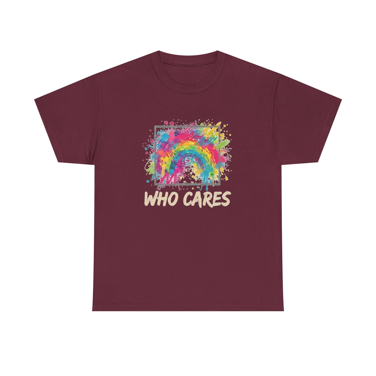 Who Cares Rainbow Tee — Colorful Grunge Graphic T-Shirt